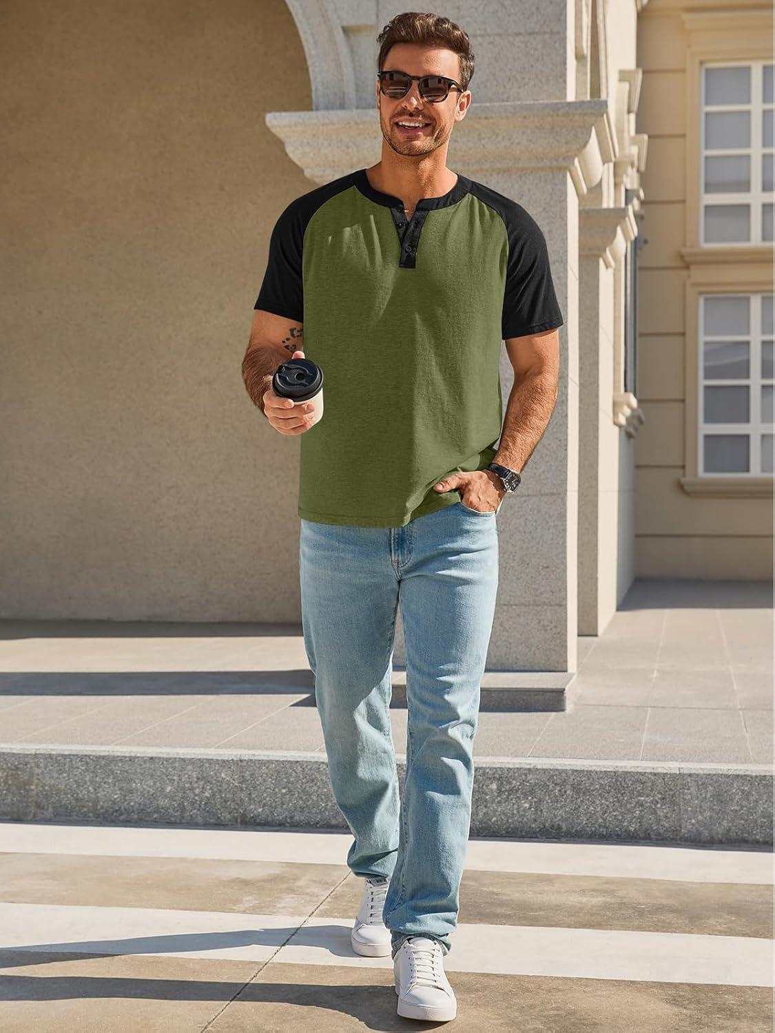 imageRuncati Mens Henley Shirts Raglan Short Sleeve Casual Baseball Tees Summer Classic Color Block Workout T ShirtsArmy Green