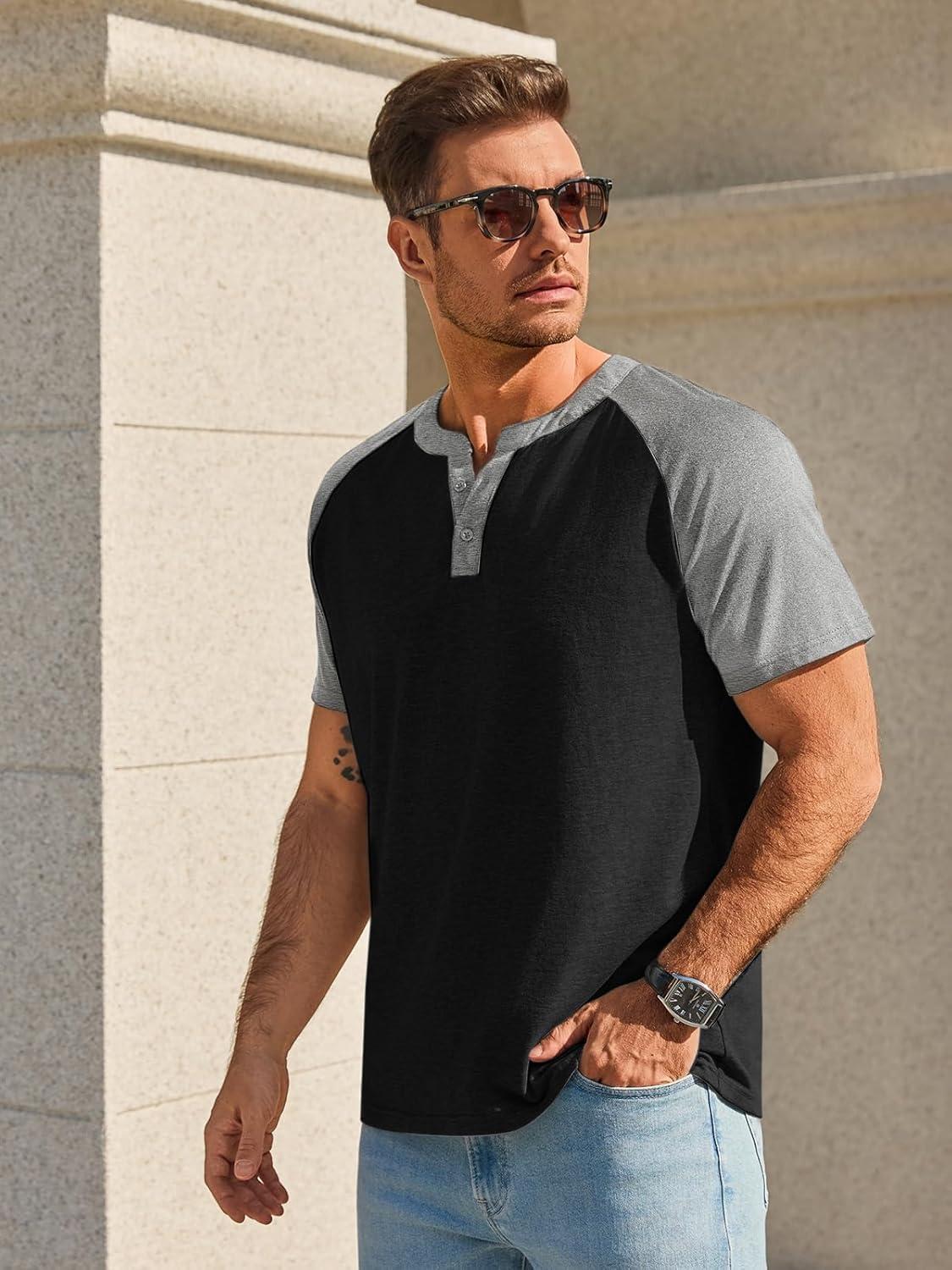 imageRuncati Mens Henley Shirts Raglan Short Sleeve Casual Baseball Tees Summer Classic Color Block Workout T ShirtsBlack