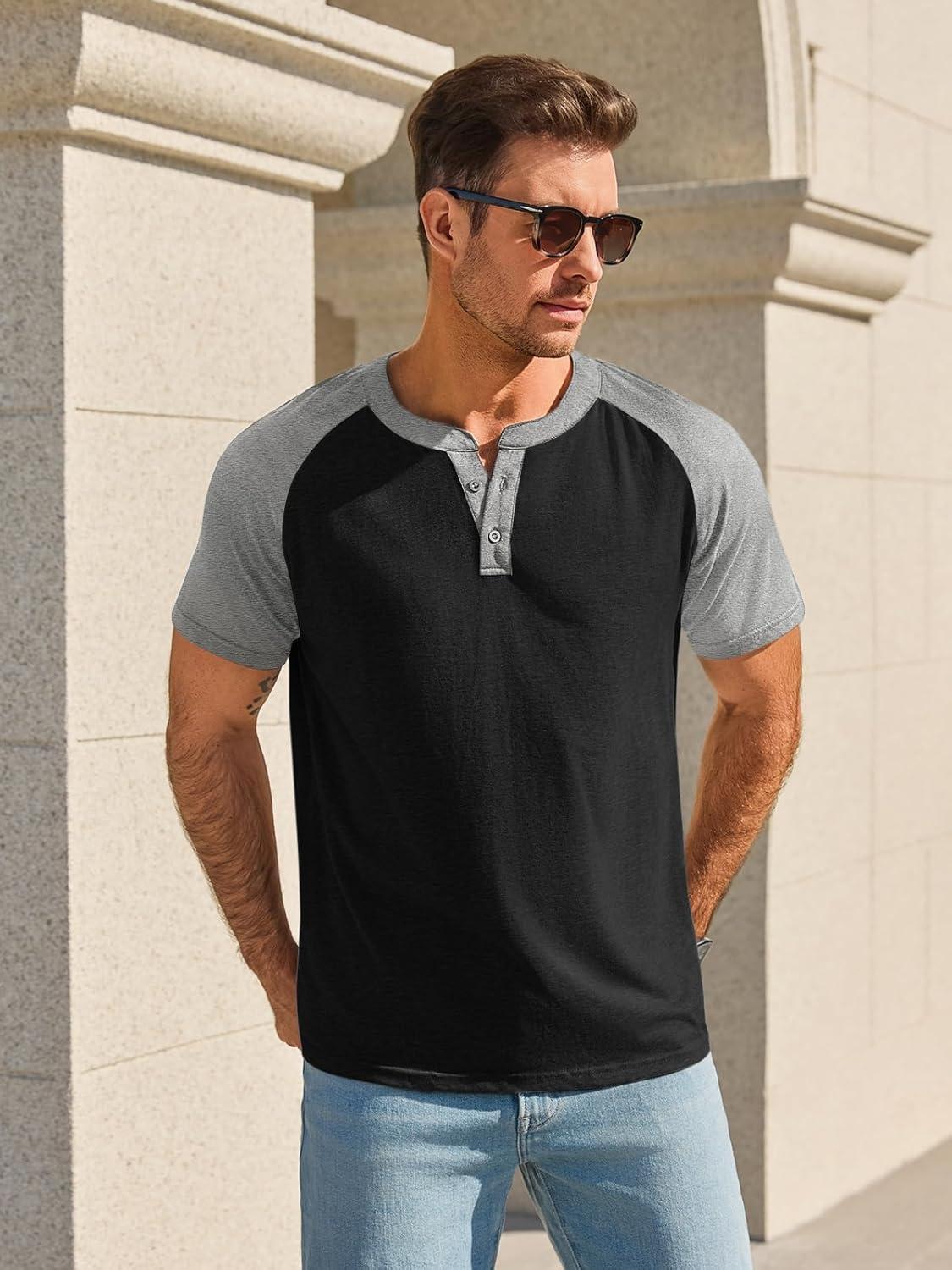 imageRuncati Mens Henley Shirts Raglan Short Sleeve Casual Baseball Tees Summer Classic Color Block Workout T ShirtsBlack