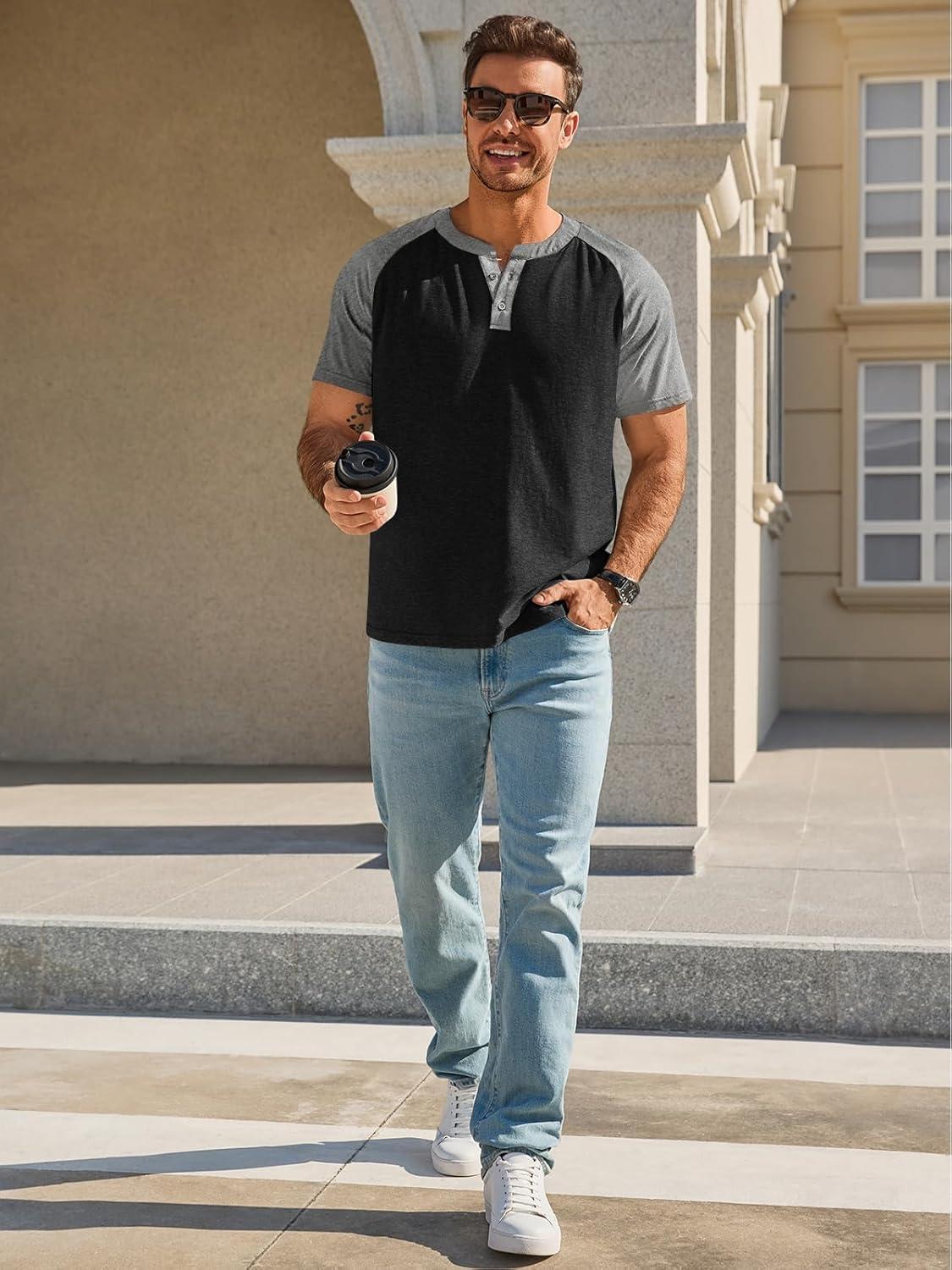 imageRuncati Mens Henley Shirts Raglan Short Sleeve Casual Baseball Tees Summer Classic Color Block Workout T ShirtsBlack