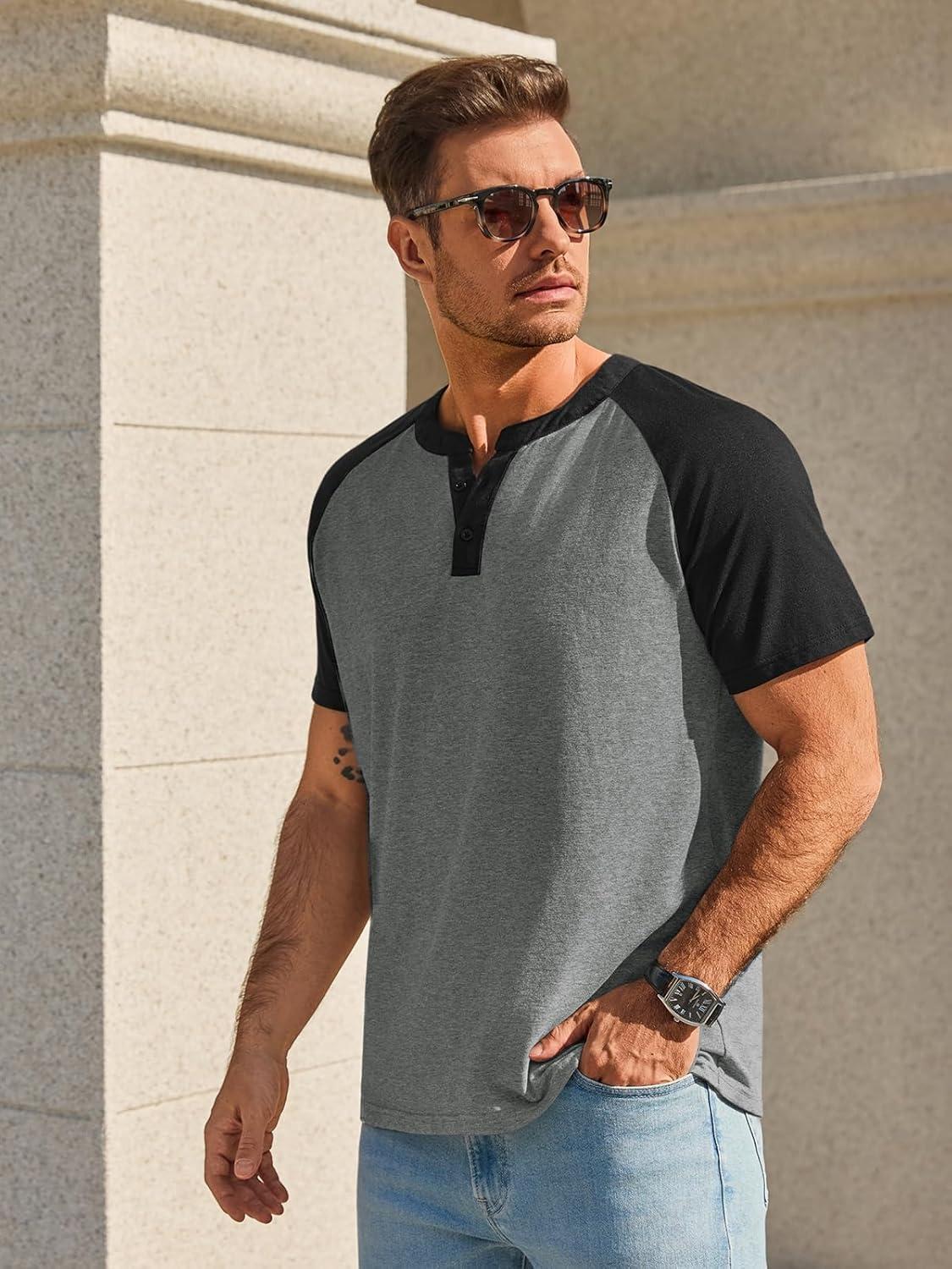 imageRuncati Mens Henley Shirts Raglan Short Sleeve Casual Baseball Tees Summer Classic Color Block Workout T ShirtsDark Grey