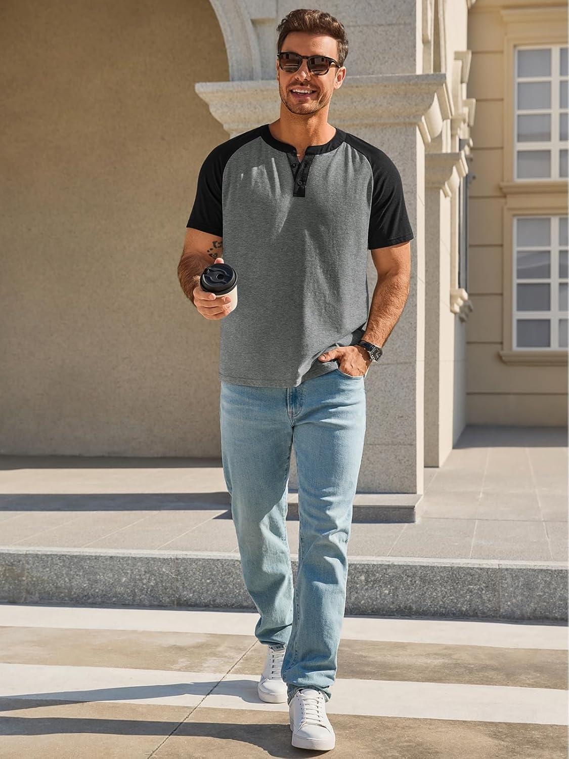 imageRuncati Mens Henley Shirts Raglan Short Sleeve Casual Baseball Tees Summer Classic Color Block Workout T ShirtsDark Grey
