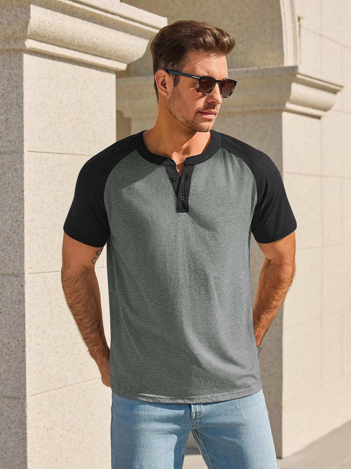 imageRuncati Mens Henley Shirts Raglan Short Sleeve Casual Baseball Tees Summer Classic Color Block Workout T ShirtsDark Grey