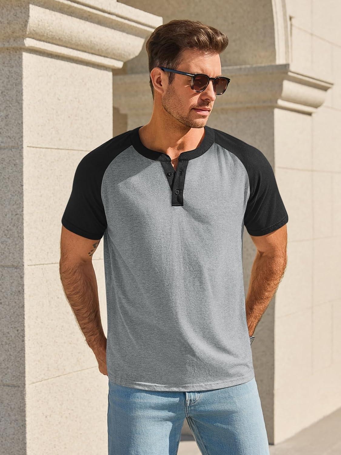 imageRuncati Mens Henley Shirts Raglan Short Sleeve Casual Baseball Tees Summer Classic Color Block Workout T ShirtsGray