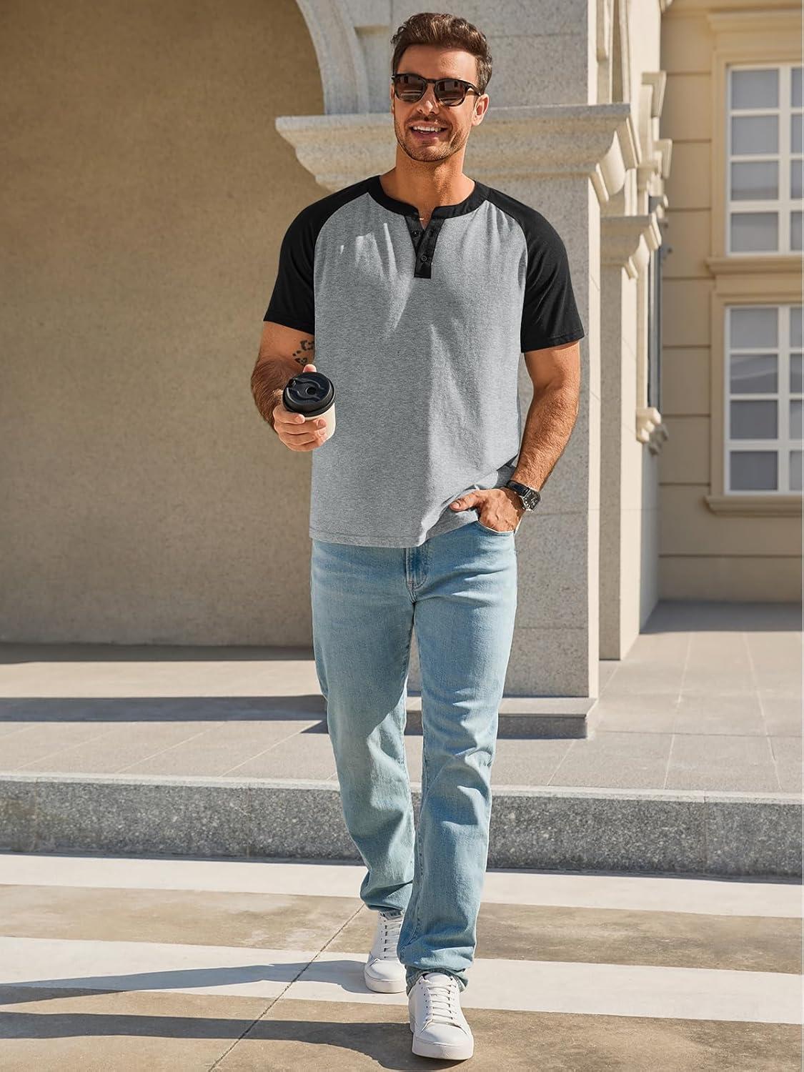 imageRuncati Mens Henley Shirts Raglan Short Sleeve Casual Baseball Tees Summer Classic Color Block Workout T ShirtsGray