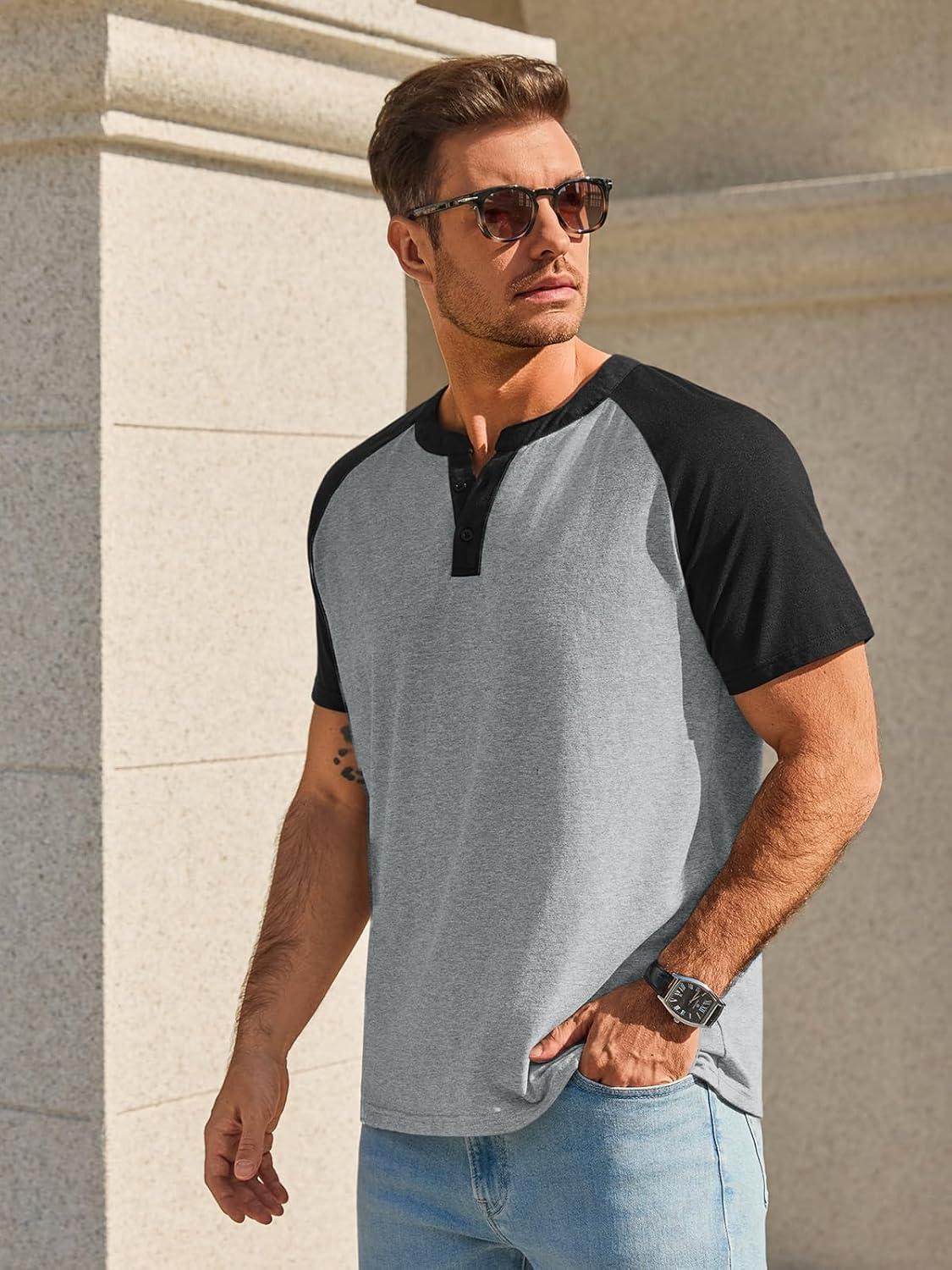 imageRuncati Mens Henley Shirts Raglan Short Sleeve Casual Baseball Tees Summer Classic Color Block Workout T ShirtsGray