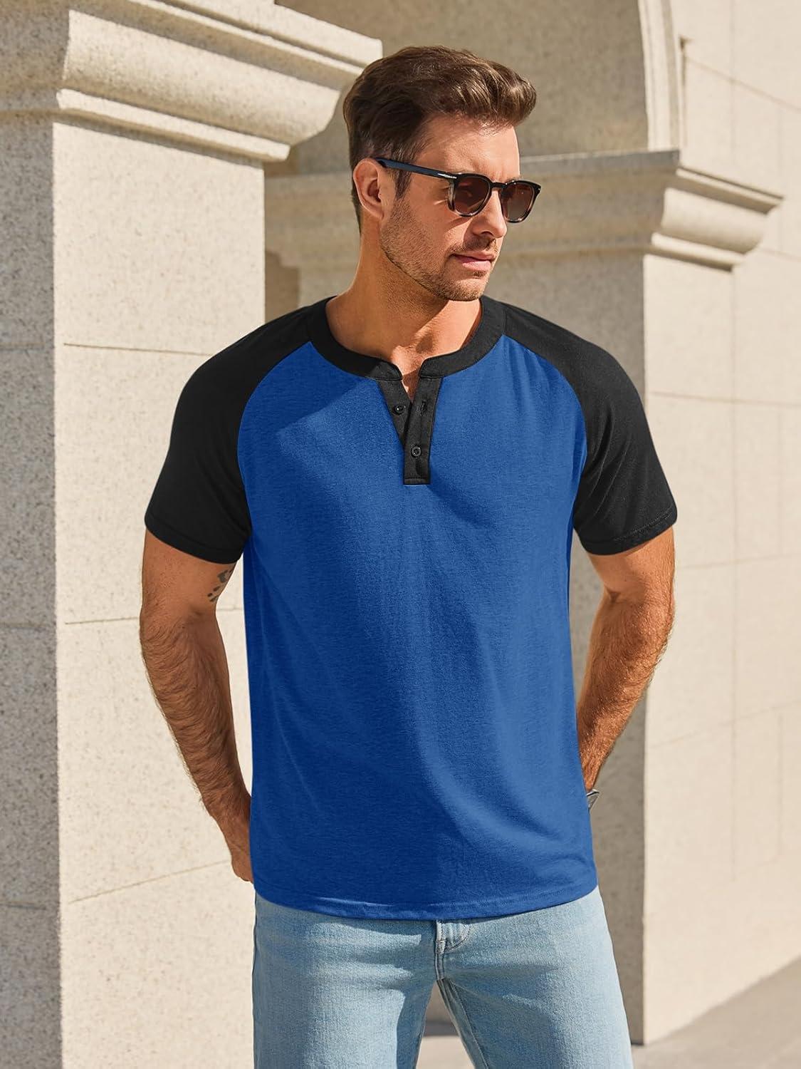 imageRuncati Mens Henley Shirts Raglan Short Sleeve Casual Baseball Tees Summer Classic Color Block Workout T ShirtsNavy