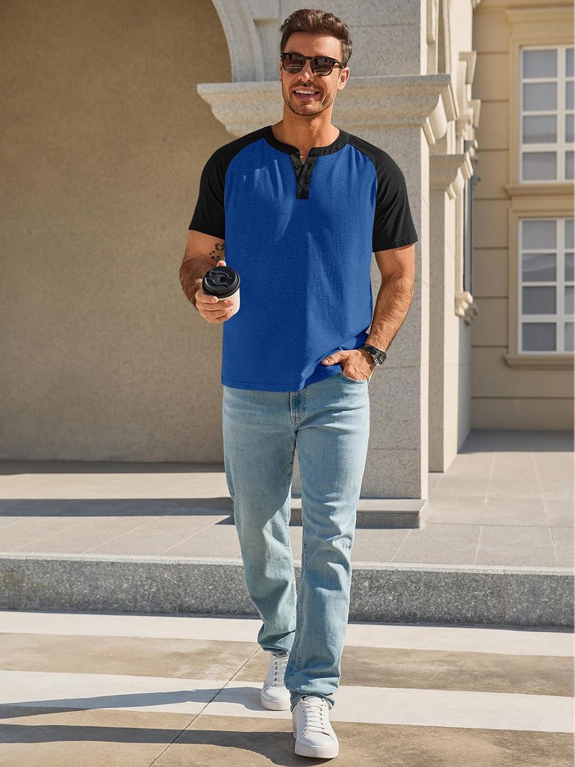 imageRuncati Mens Henley Shirts Raglan Short Sleeve Casual Baseball Tees Summer Classic Color Block Workout T ShirtsNavy