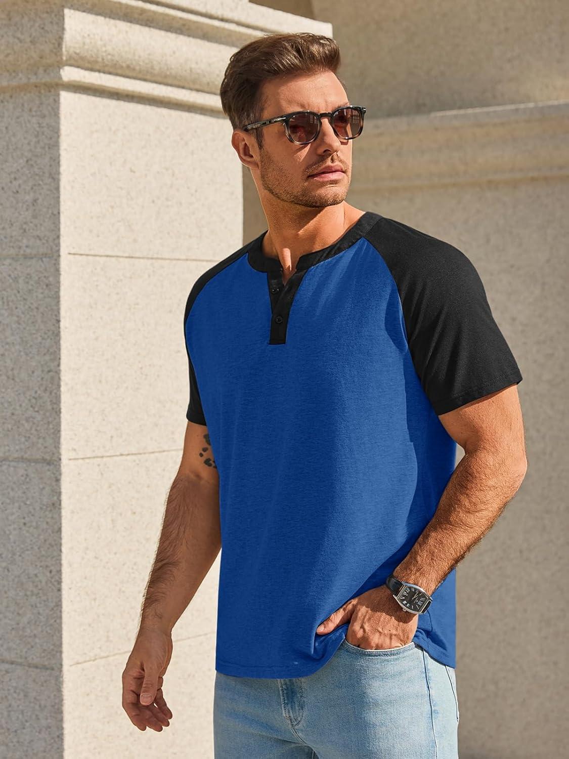 imageRuncati Mens Henley Shirts Raglan Short Sleeve Casual Baseball Tees Summer Classic Color Block Workout T ShirtsNavy