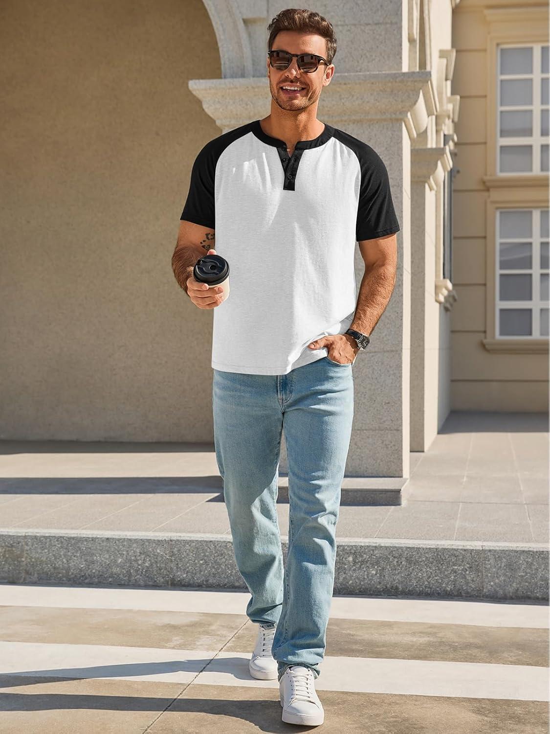 imageRuncati Mens Henley Shirts Raglan Short Sleeve Casual Baseball Tees Summer Classic Color Block Workout T ShirtsWhite