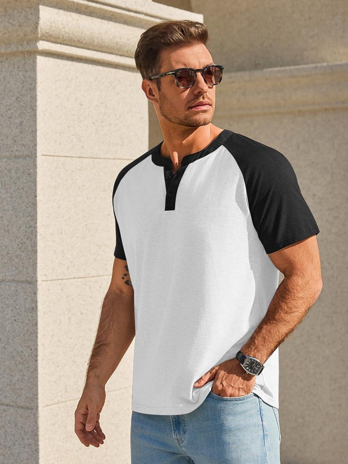imageRuncati Mens Henley Shirts Raglan Short Sleeve Casual Baseball Tees Summer Classic Color Block Workout T ShirtsWhite