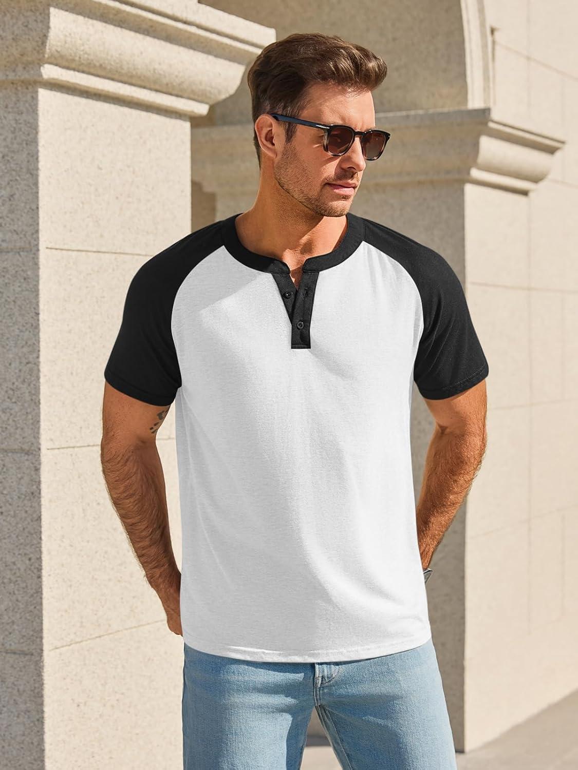 imageRuncati Mens Henley Shirts Raglan Short Sleeve Casual Baseball Tees Summer Classic Color Block Workout T ShirtsWhite