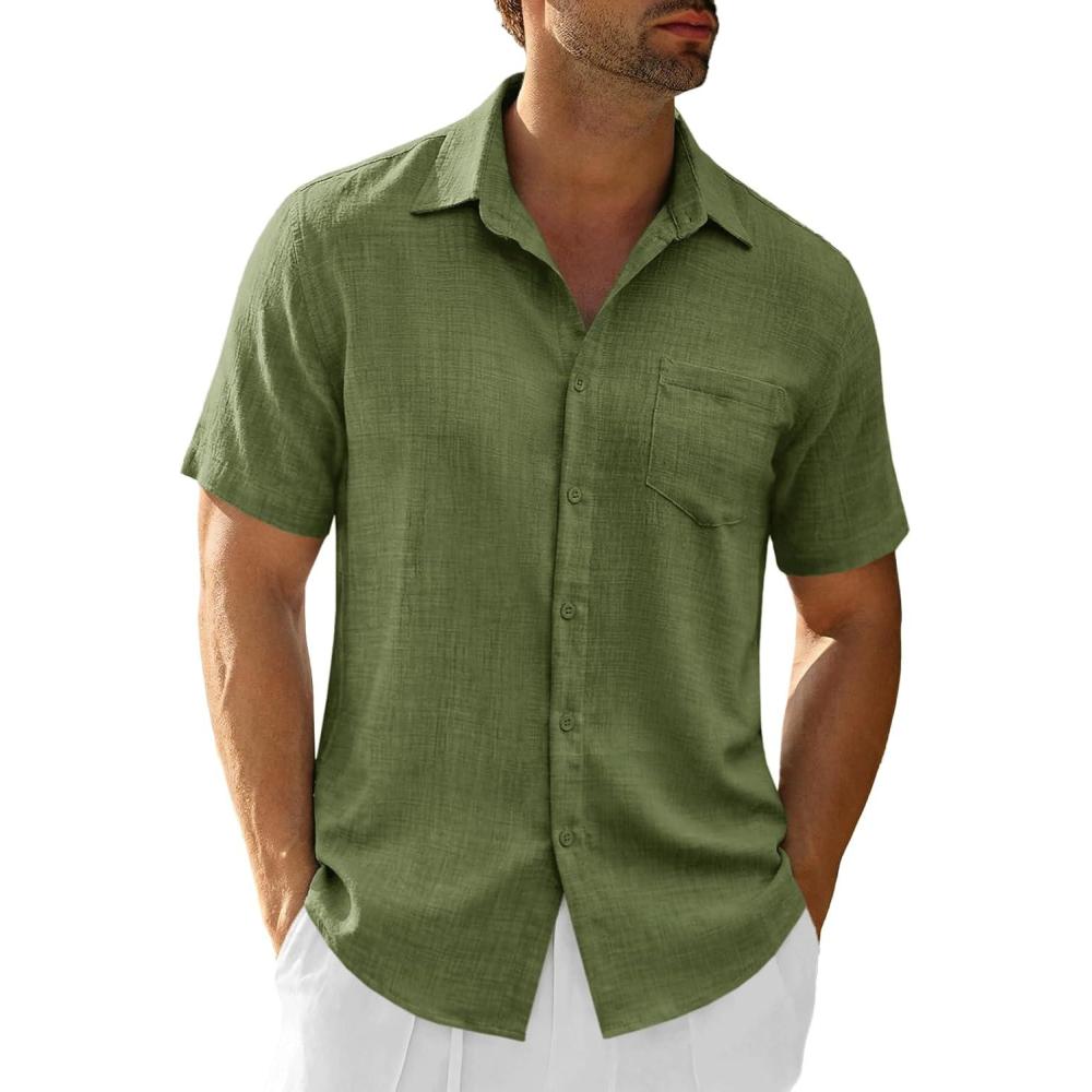 imageRuncati Mens Button Down Shirts Casual Short Sleeve Linen Shirt Summer Beach Textured Tops with PocketArmy Green
