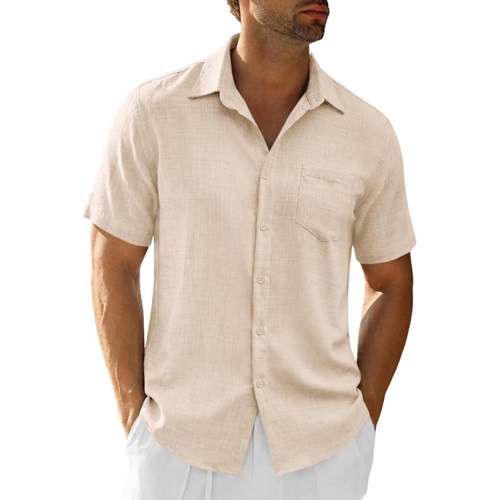 imageRuncati Mens Button Down Shirts Casual Short Sleeve Linen Shirt Summer Beach Textured Tops with PocketBeige