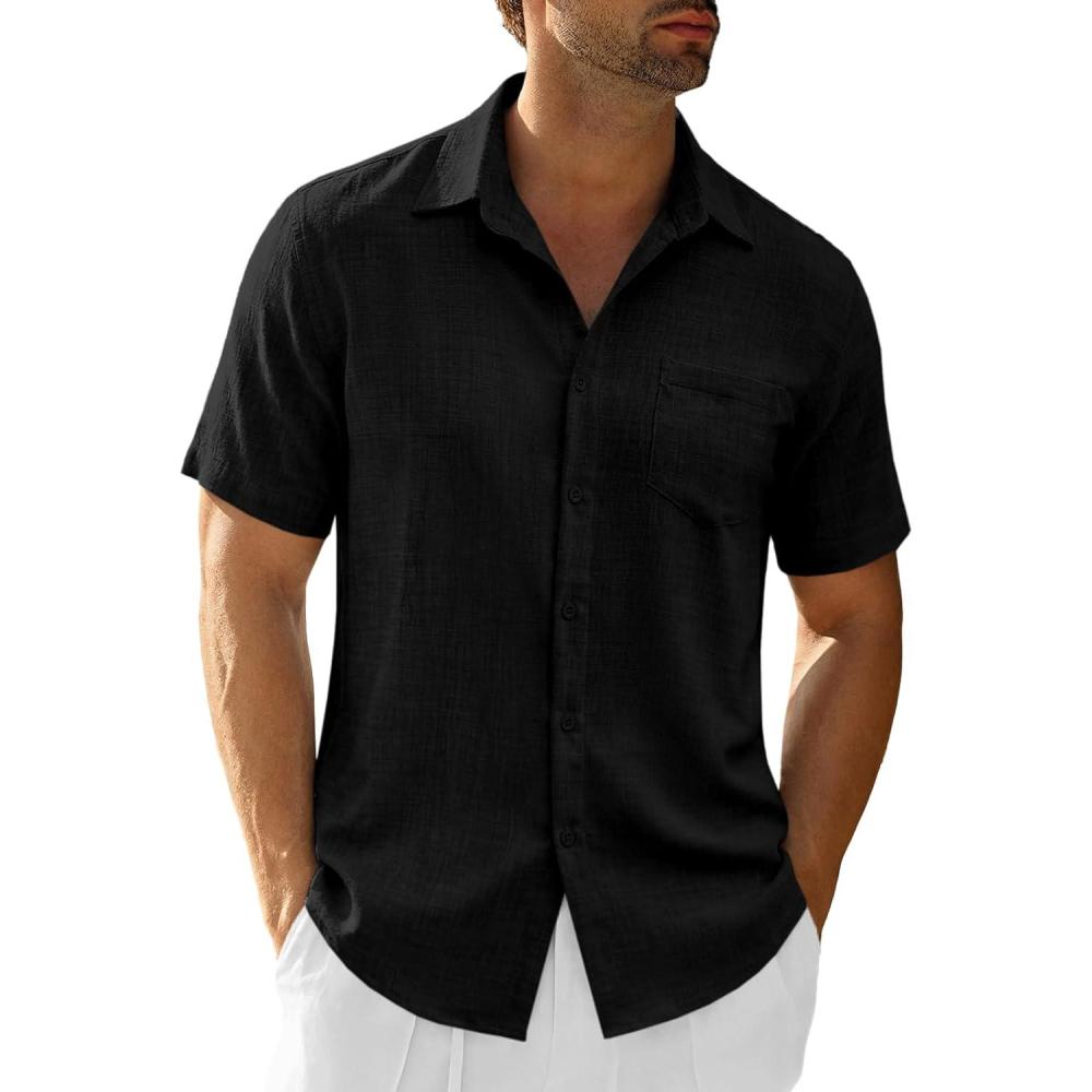imageRuncati Mens Button Down Shirts Casual Short Sleeve Linen Shirt Summer Beach Textured Tops with PocketBlack