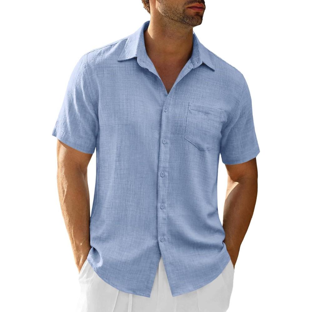 imageRuncati Mens Button Down Shirts Casual Short Sleeve Linen Shirt Summer Beach Textured Tops with PocketLight Blue