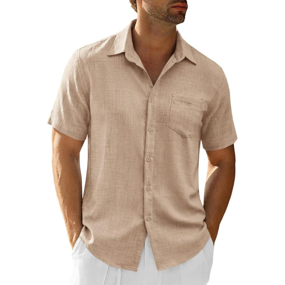 imageRuncati Mens Button Down Shirts Casual Short Sleeve Linen Shirt Summer Beach Textured Tops with PocketLight Khaki