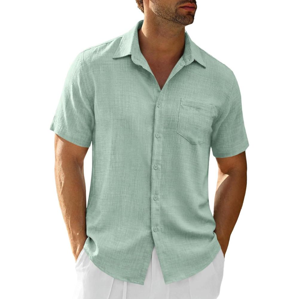 imageRuncati Mens Button Down Shirts Casual Short Sleeve Linen Shirt Summer Beach Textured Tops with PocketMint