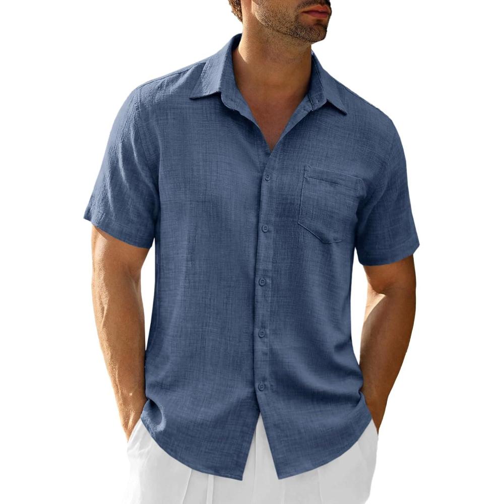 imageRuncati Mens Button Down Shirts Casual Short Sleeve Linen Shirt Summer Beach Textured Tops with PocketNavy