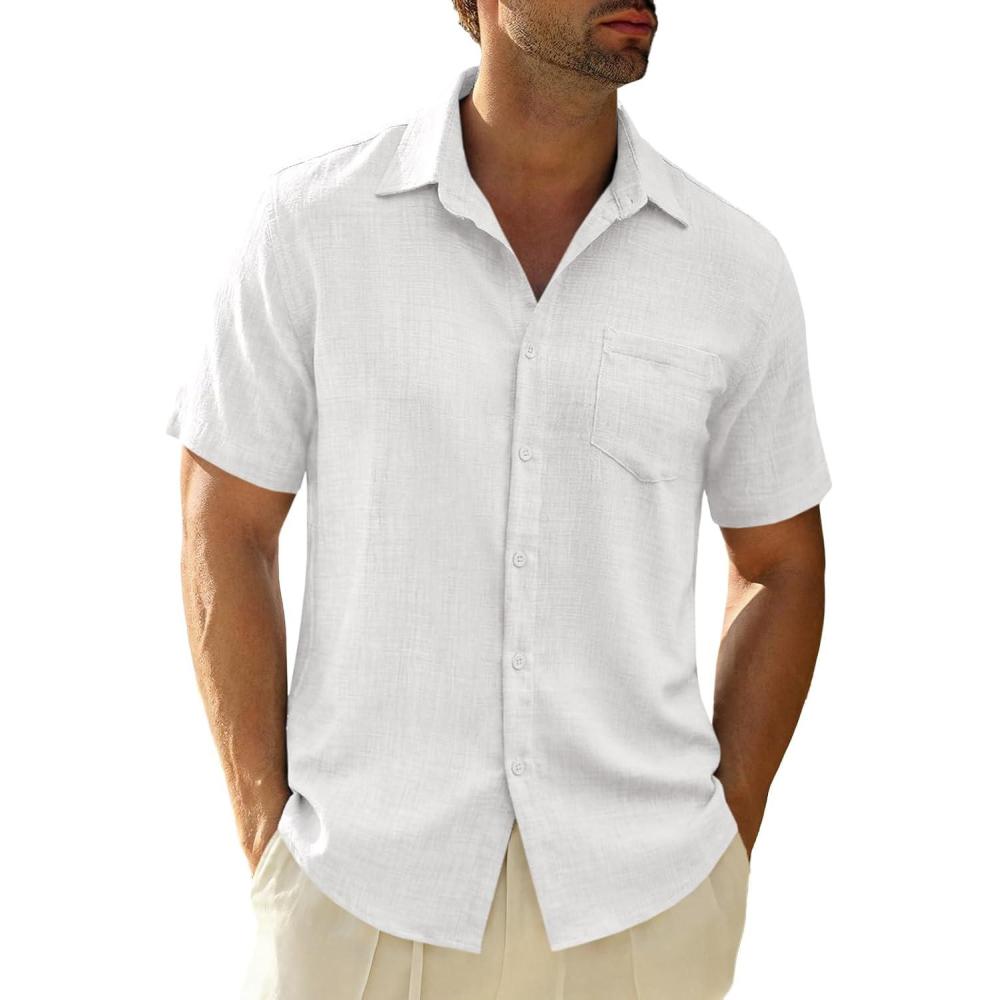 imageRuncati Mens Button Down Shirts Casual Short Sleeve Linen Shirt Summer Beach Textured Tops with PocketWhite