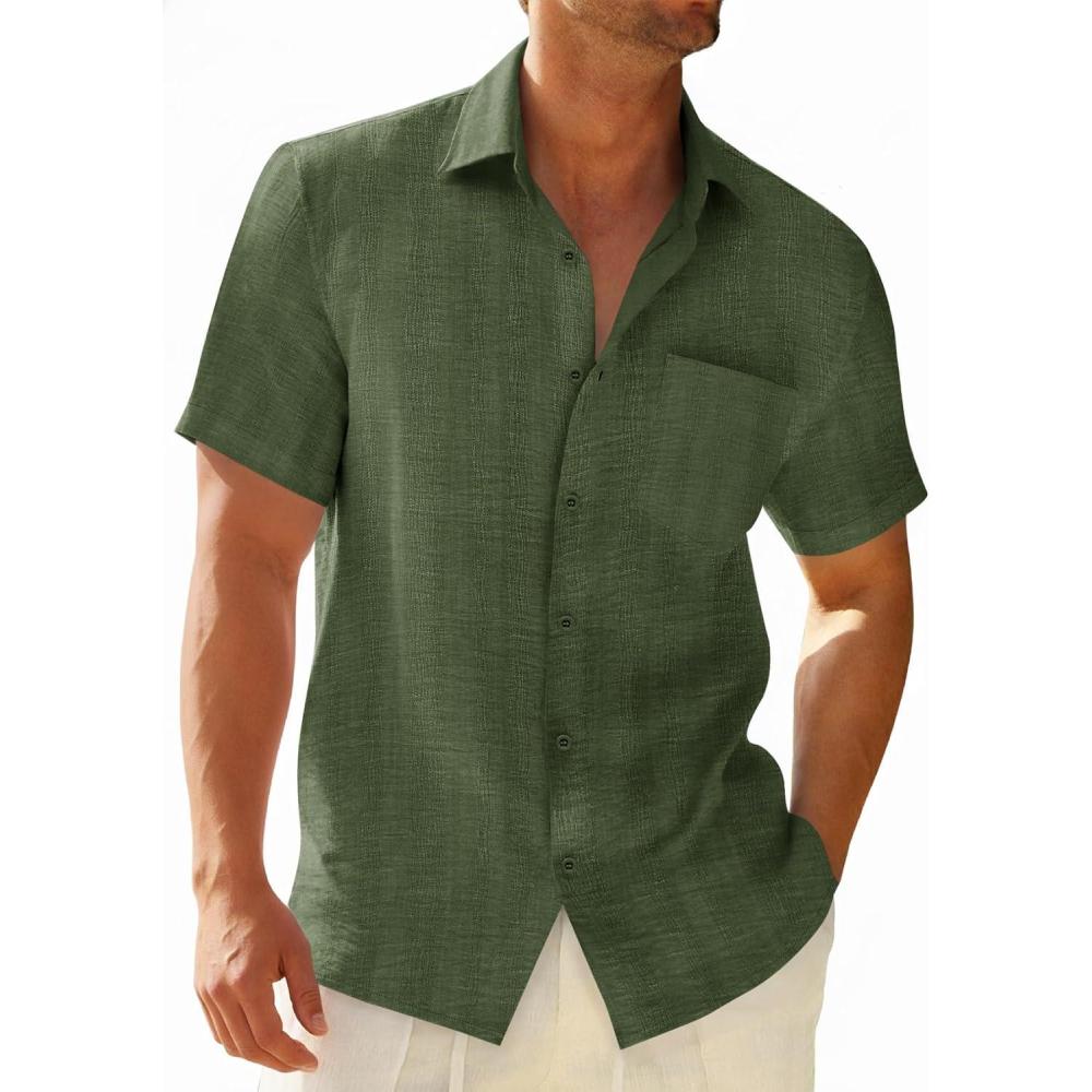 imageRuncati Mens Button Down Shirts Casual Short Sleeve Shirt Textured Linen Summer Beach Tops with PocketArmy Green