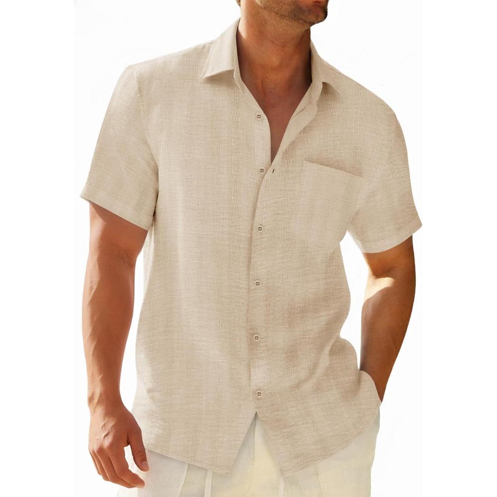 imageRuncati Mens Button Down Shirts Casual Short Sleeve Shirt Textured Linen Summer Beach Tops with PocketBeige