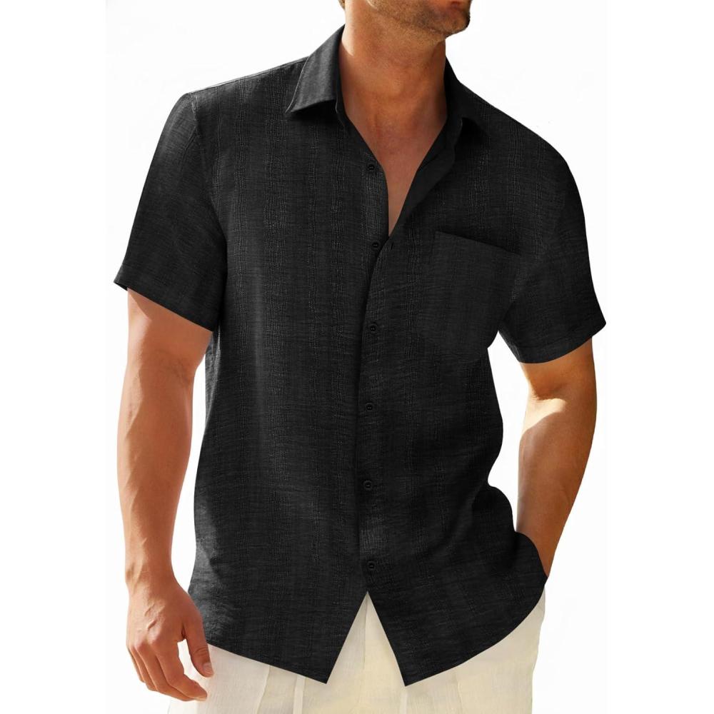 imageRuncati Mens Button Down Shirts Casual Short Sleeve Shirt Textured Linen Summer Beach Tops with PocketBlack