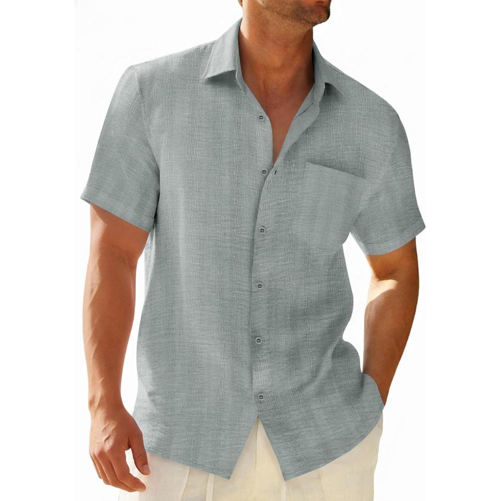 imageRuncati Mens Button Down Shirts Casual Short Sleeve Shirt Textured Linen Summer Beach Tops with PocketGrey