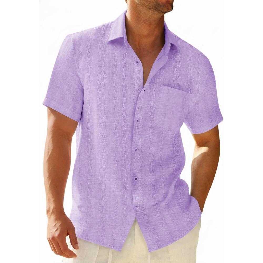 imageRuncati Mens Button Down Shirts Casual Short Sleeve Shirt Textured Linen Summer Beach Tops with PocketLight Purple