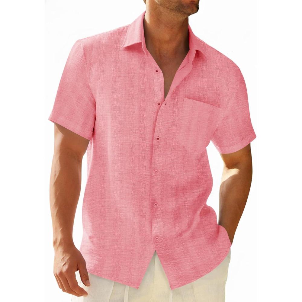 imageRuncati Mens Button Down Shirts Casual Short Sleeve Shirt Textured Linen Summer Beach Tops with PocketPink