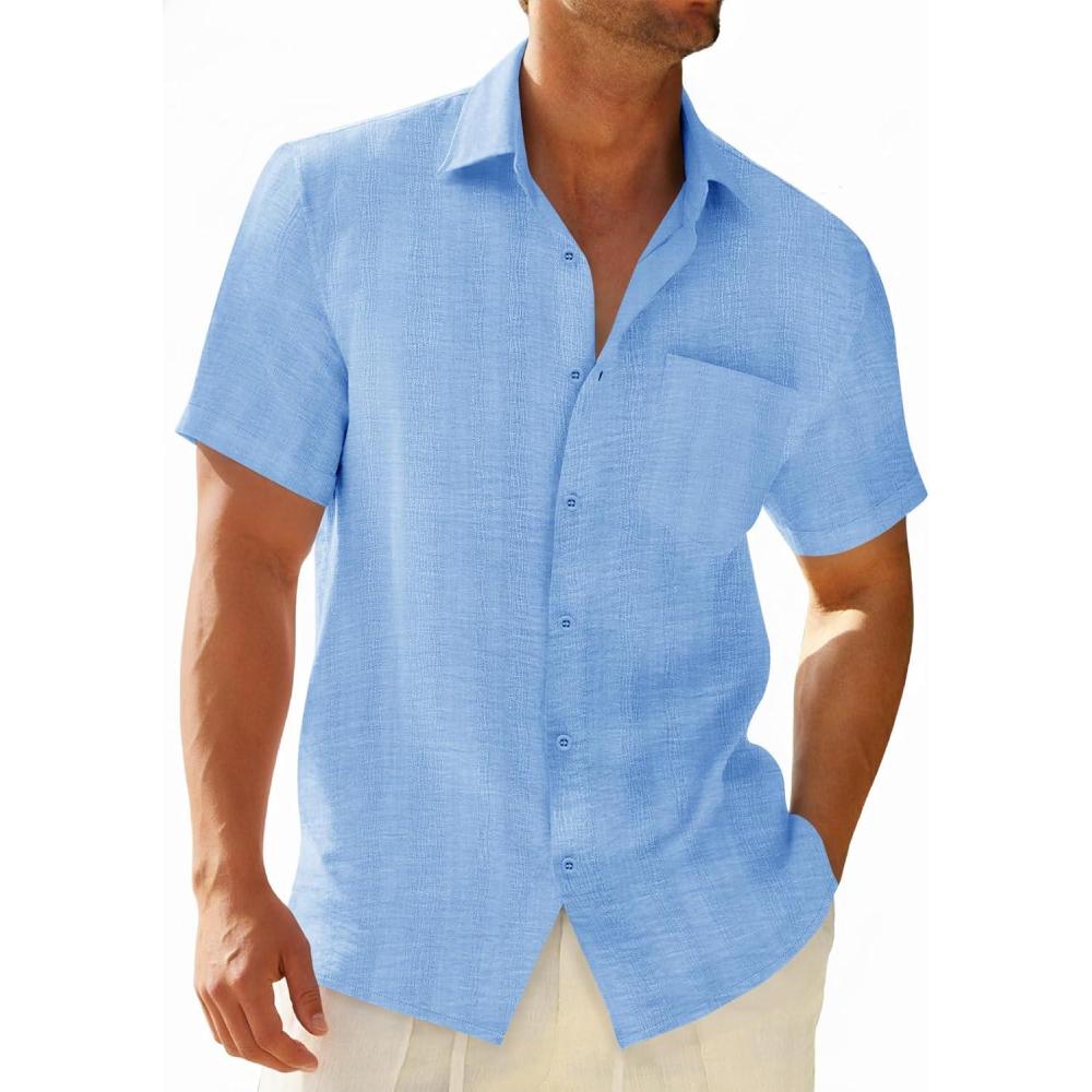 imageRuncati Mens Button Down Shirts Casual Short Sleeve Shirt Textured Linen Summer Beach Tops with PocketSky Blue