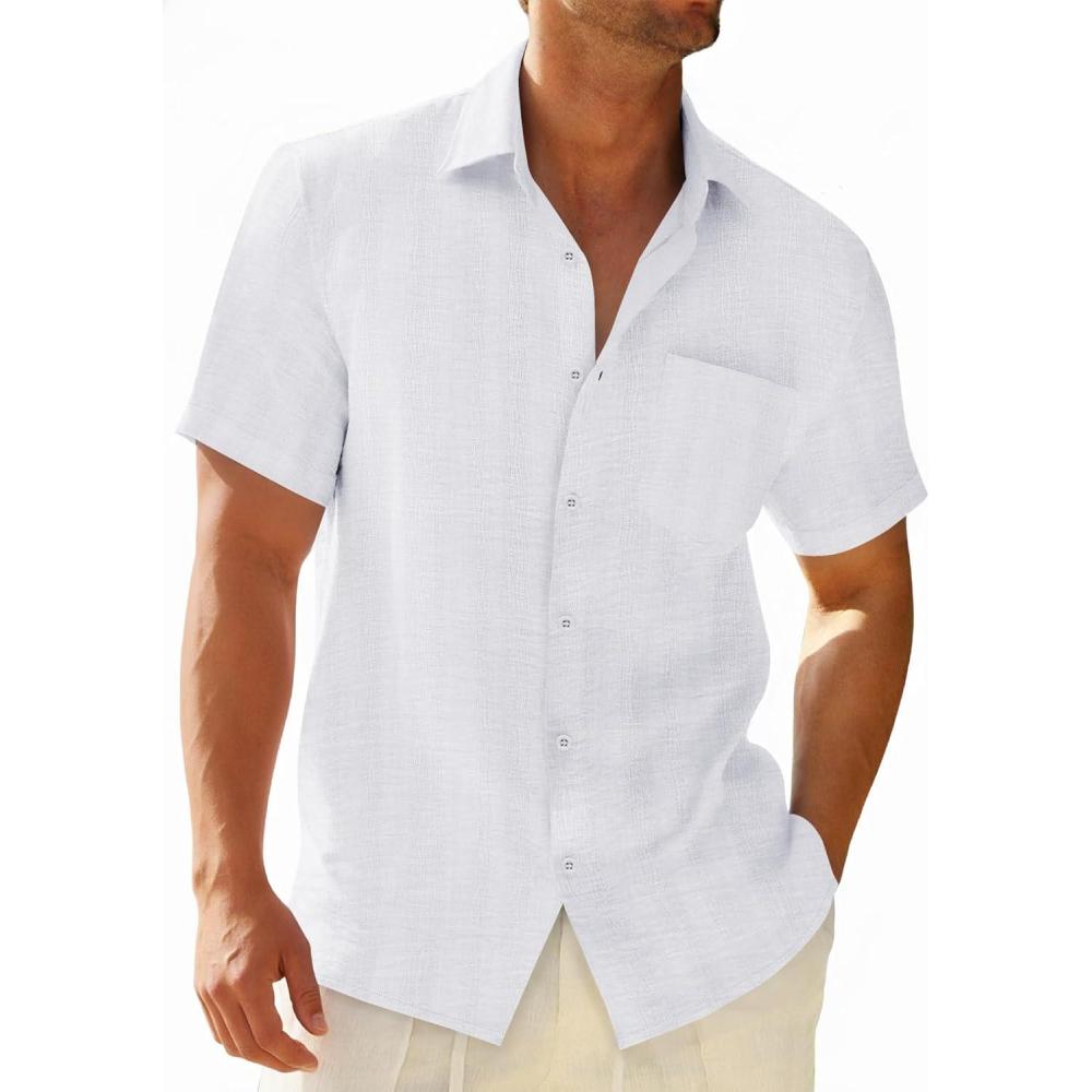 imageRuncati Mens Button Down Shirts Casual Short Sleeve Shirt Textured Linen Summer Beach Tops with PocketWhite