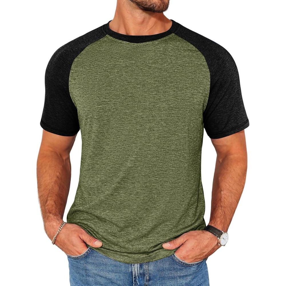 imageRuncati Mens Casual Slim Fit T Shirts Raglan Short Sleeve Crewneck Baseball Tees Color Block Workout Fashion ShirtArmy Green