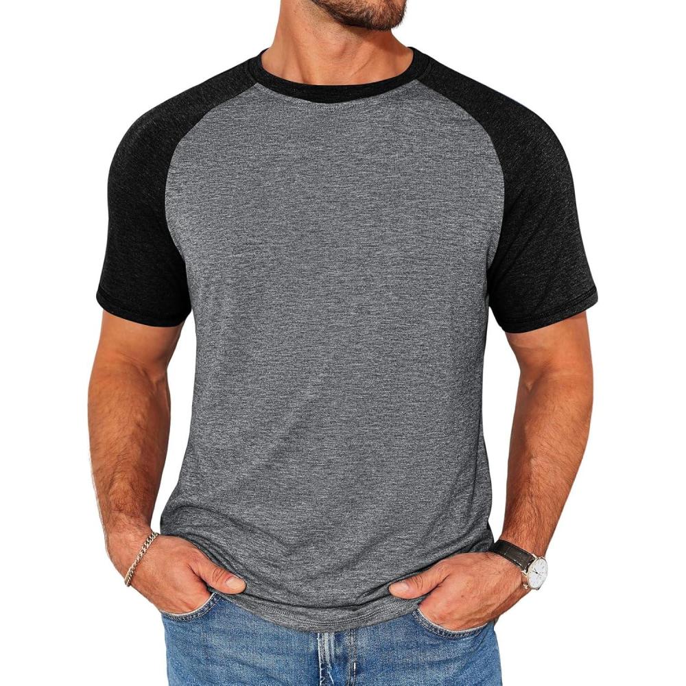 imageRuncati Mens Casual Slim Fit T Shirts Raglan Short Sleeve Crewneck Baseball Tees Color Block Workout Fashion ShirtBlack