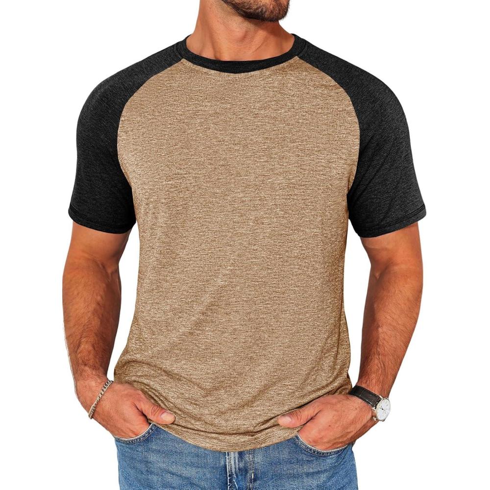 imageRuncati Mens Casual Slim Fit T Shirts Raglan Short Sleeve Crewneck Baseball Tees Color Block Workout Fashion ShirtBrown