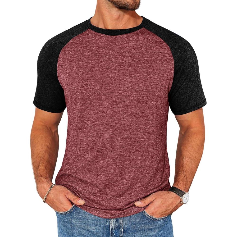 imageRuncati Mens Casual Slim Fit T Shirts Raglan Short Sleeve Crewneck Baseball Tees Color Block Workout Fashion ShirtBurgundy