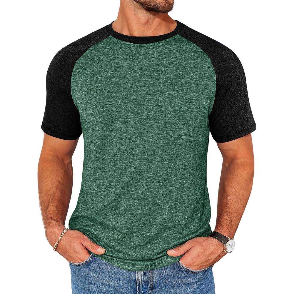 imageRuncati Mens Casual Slim Fit T Shirts Raglan Short Sleeve Crewneck Baseball Tees Color Block Workout Fashion ShirtDark Green