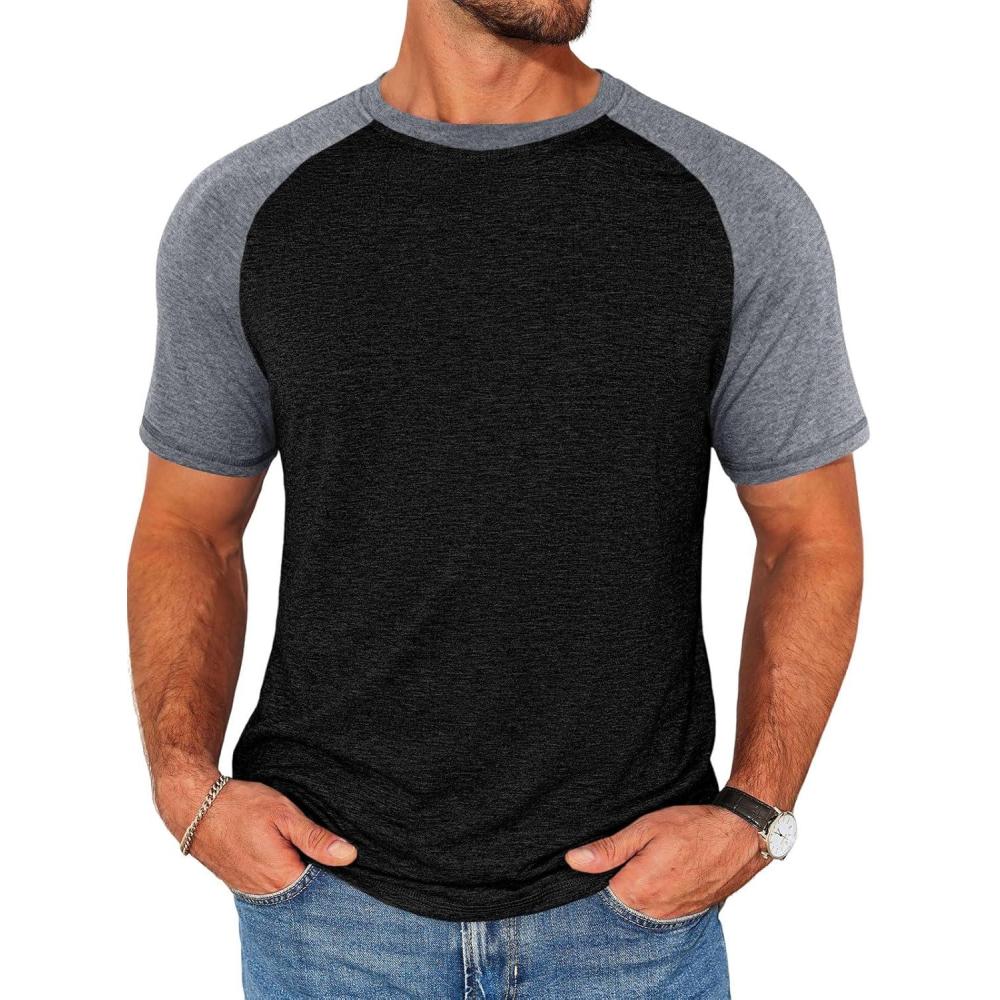 imageRuncati Mens Casual Slim Fit T Shirts Raglan Short Sleeve Crewneck Baseball Tees Color Block Workout Fashion ShirtGrey