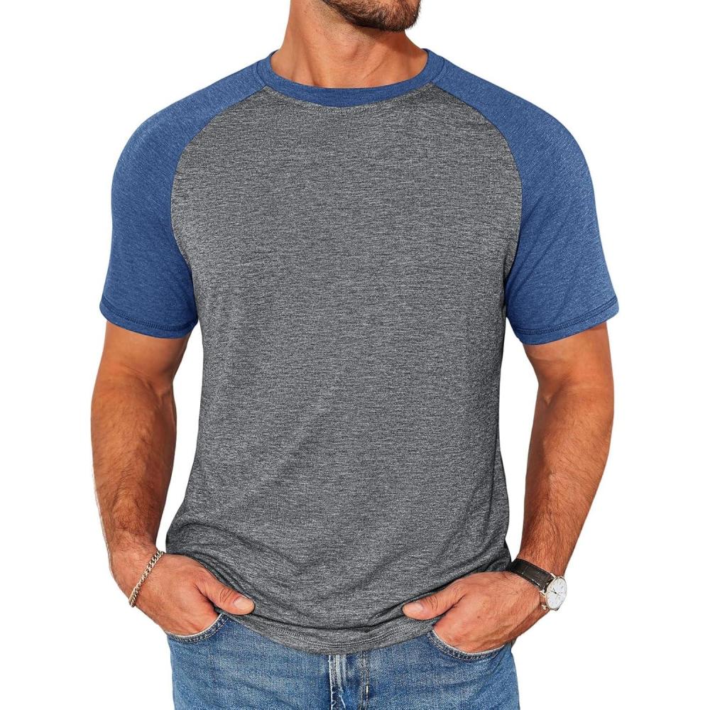 imageRuncati Mens Casual Slim Fit T Shirts Raglan Short Sleeve Crewneck Baseball Tees Color Block Workout Fashion ShirtLight Grey