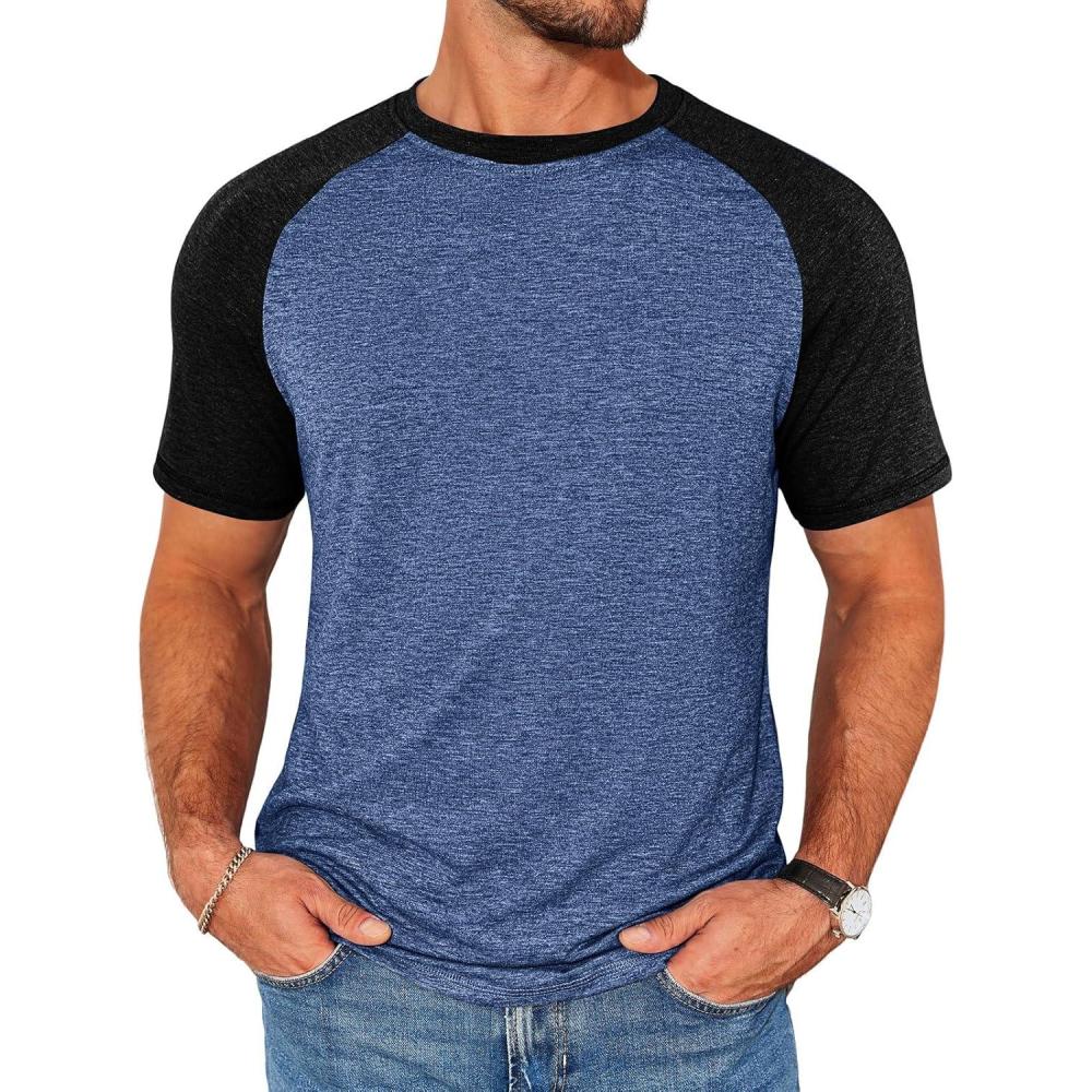 imageRuncati Mens Casual Slim Fit T Shirts Raglan Short Sleeve Crewneck Baseball Tees Color Block Workout Fashion ShirtNavy Blue