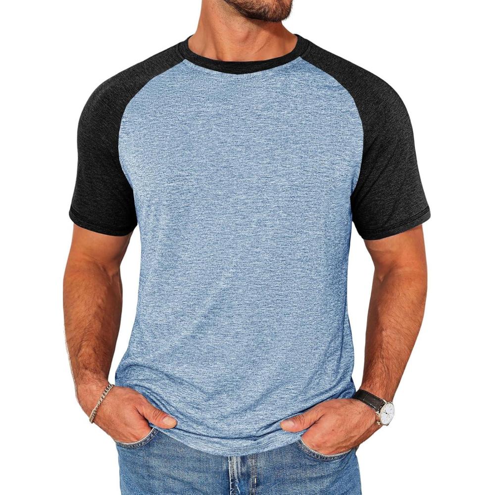 imageRuncati Mens Casual Slim Fit T Shirts Raglan Short Sleeve Crewneck Baseball Tees Color Block Workout Fashion ShirtSky Blue
