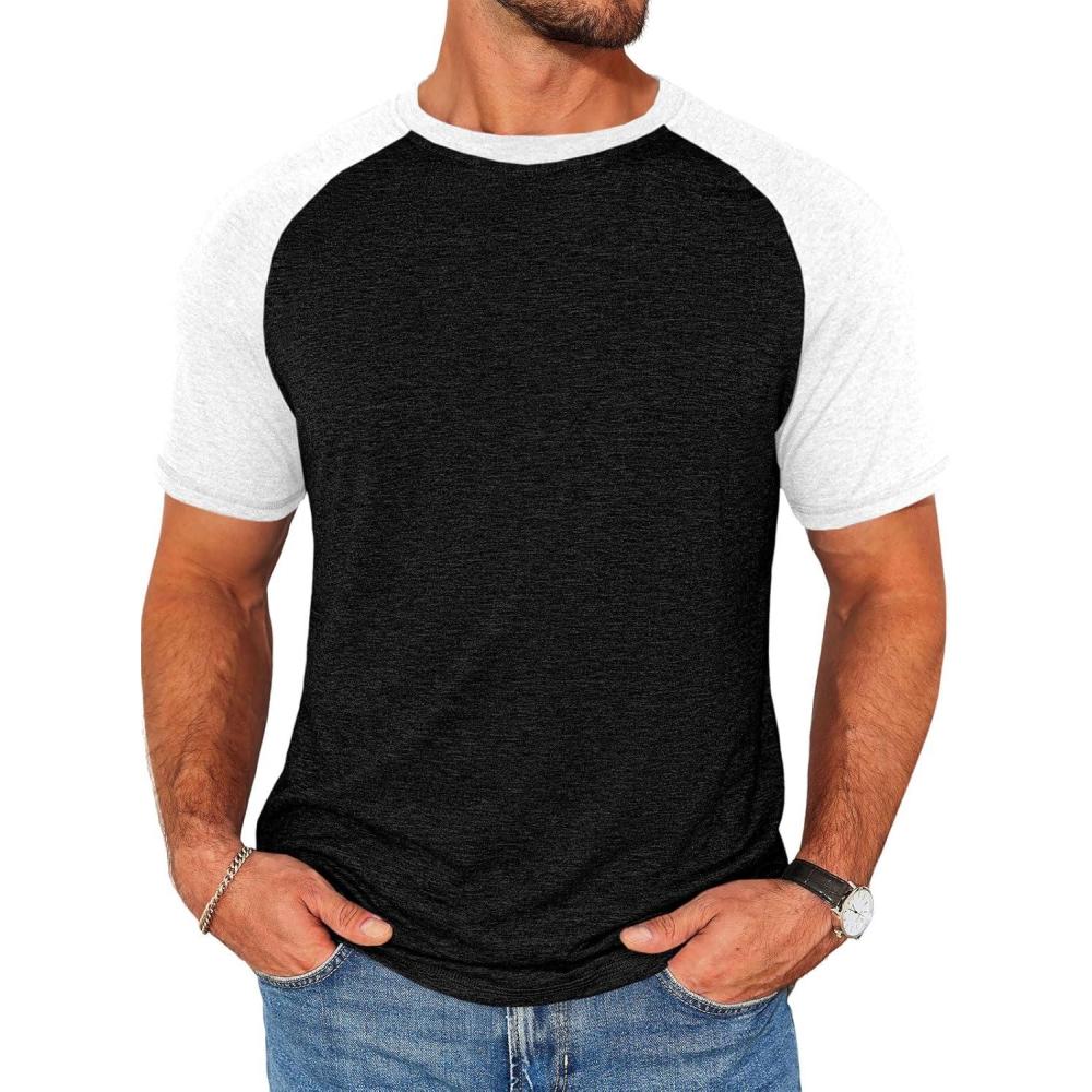 imageRuncati Mens Casual Slim Fit T Shirts Raglan Short Sleeve Crewneck Baseball Tees Color Block Workout Fashion ShirtWhite