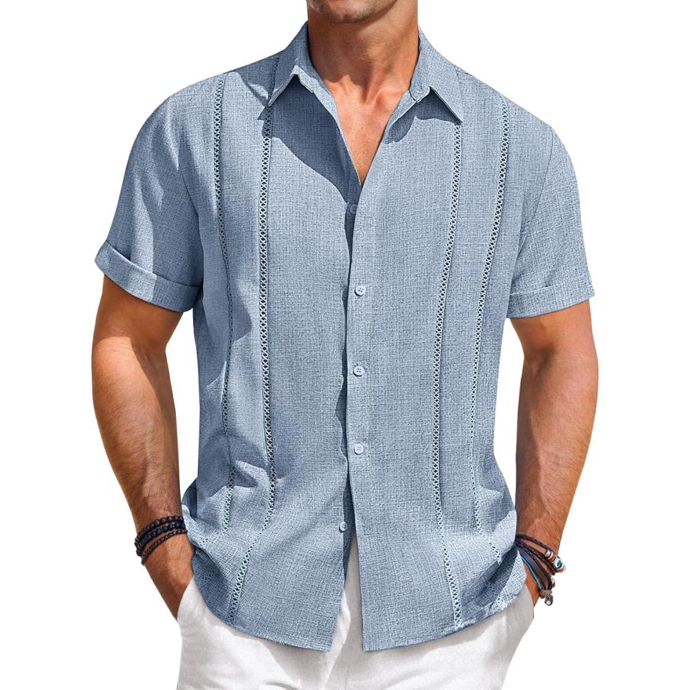 imageRuncati Mens Guayabera Shirts Short Sleeve Casual Cuban Linen Shirt Button Down Beach Summer Mexican ShirtsBaby Blue