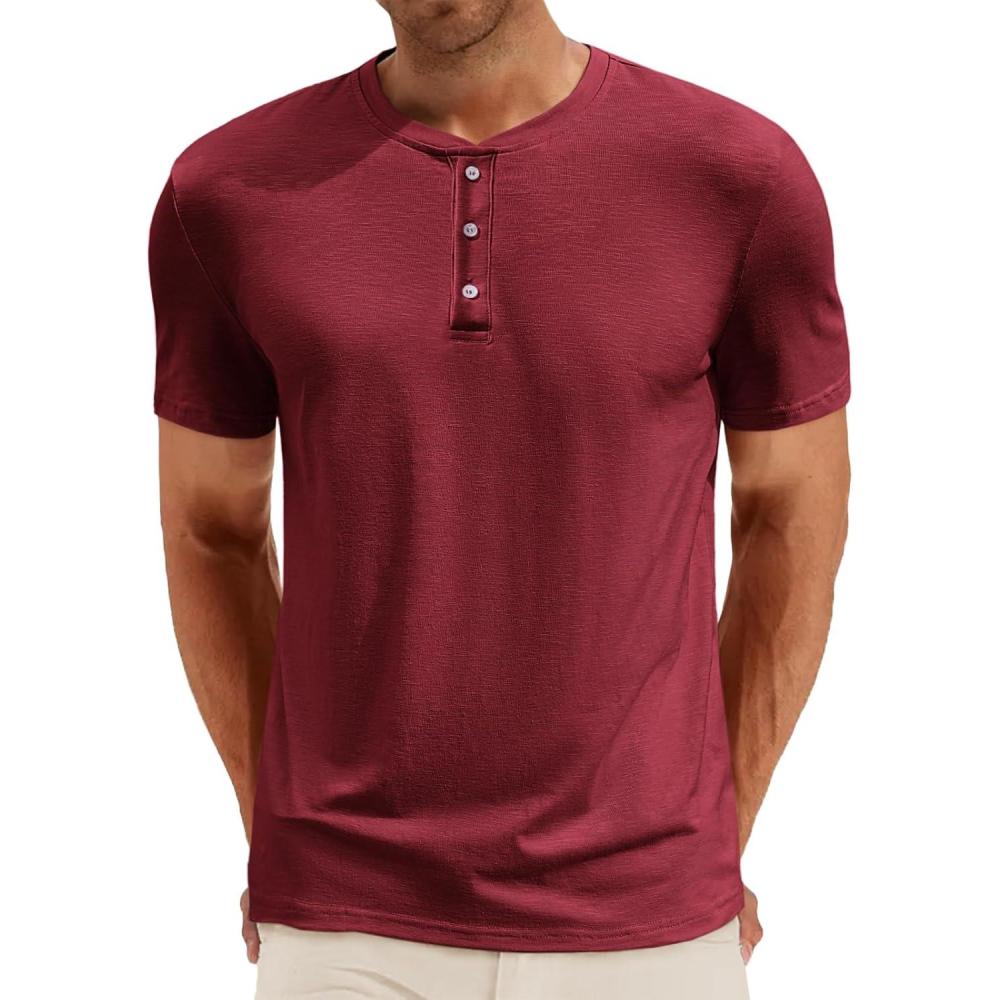 imageRuncati Mens Henley Shirt Short Sleeve Casual Button Basic Tees Slim Fit Stretch Summer T ShirtsBurgundy