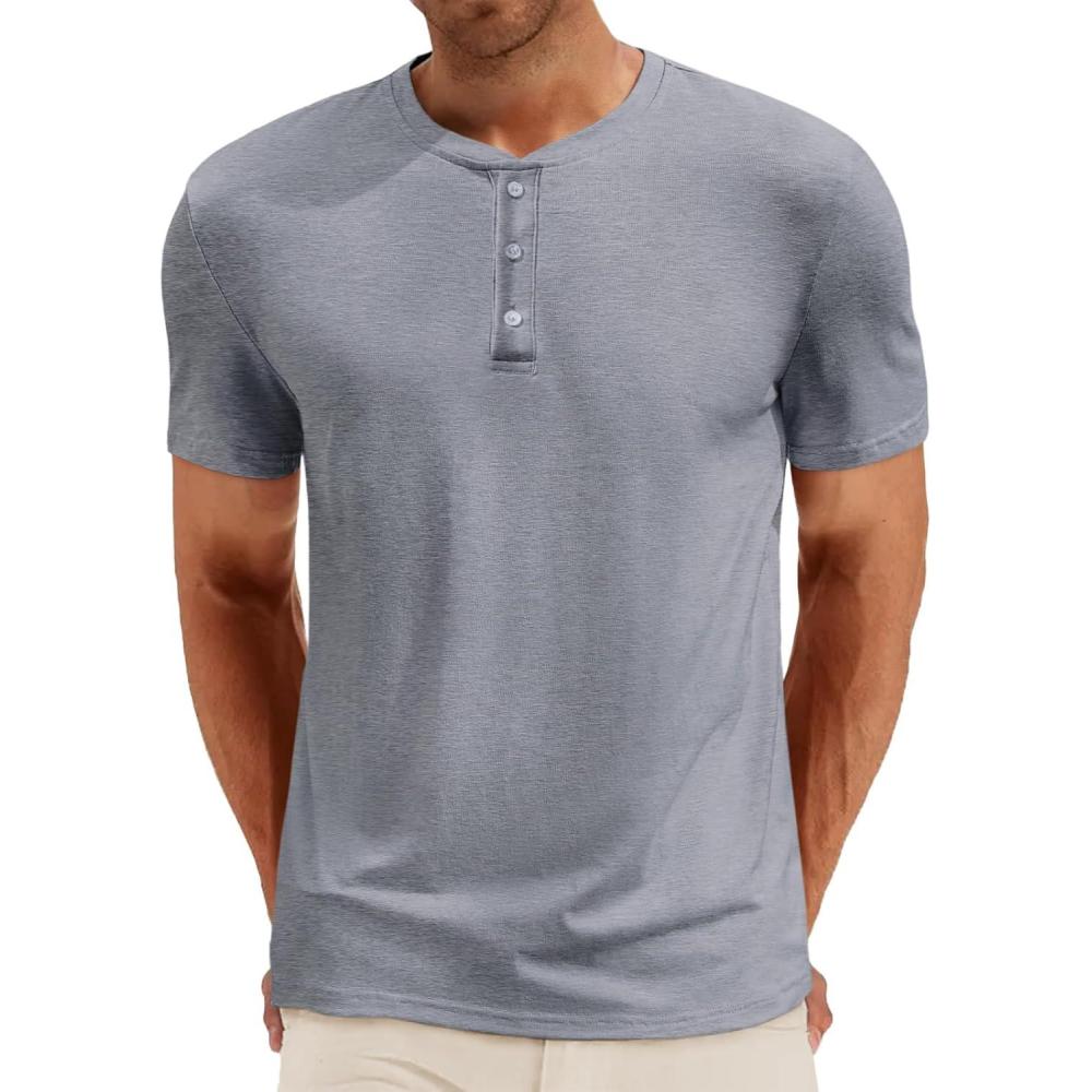 imageRuncati Mens Henley Shirt Short Sleeve Casual Button Basic Tees Slim Fit Stretch Summer T ShirtsDark Grey