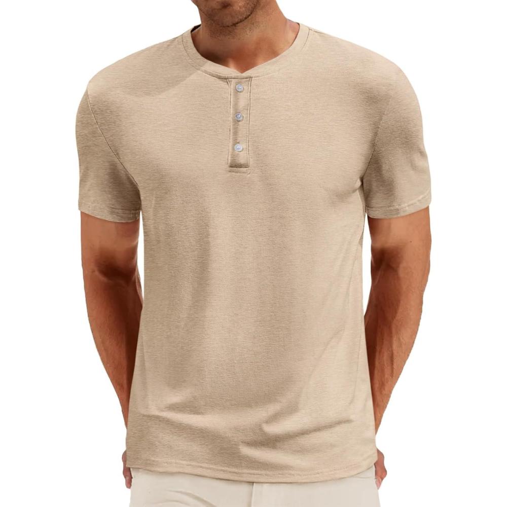 imageRuncati Mens Henley Shirt Short Sleeve Casual Button Basic Tees Slim Fit Stretch Summer T ShirtsKhaki