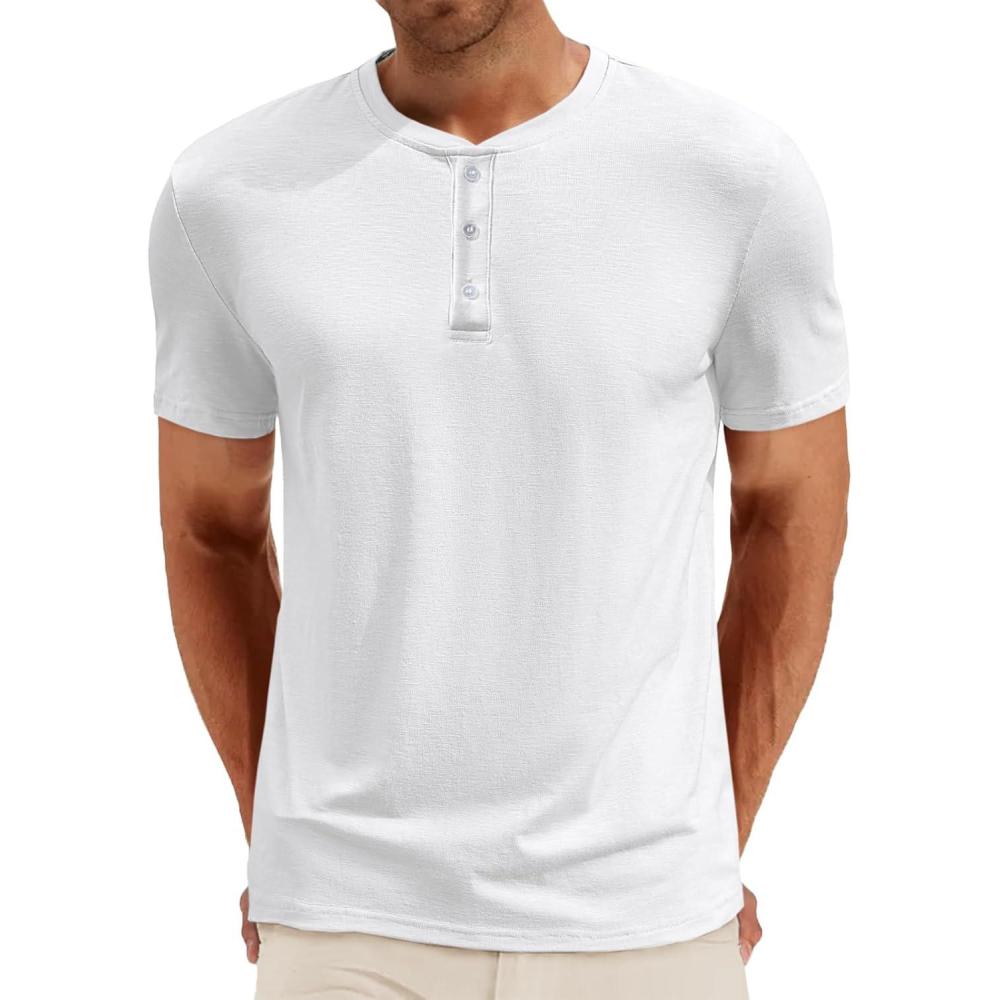 imageRuncati Mens Henley Shirt Short Sleeve Casual Button Basic Tees Slim Fit Stretch Summer T ShirtsWhite