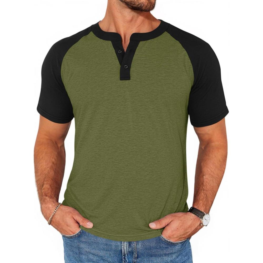 imageRuncati Mens Henley Shirts Raglan Short Sleeve Casual Baseball Tees Summer Classic Color Block Workout T ShirtsArmy Green