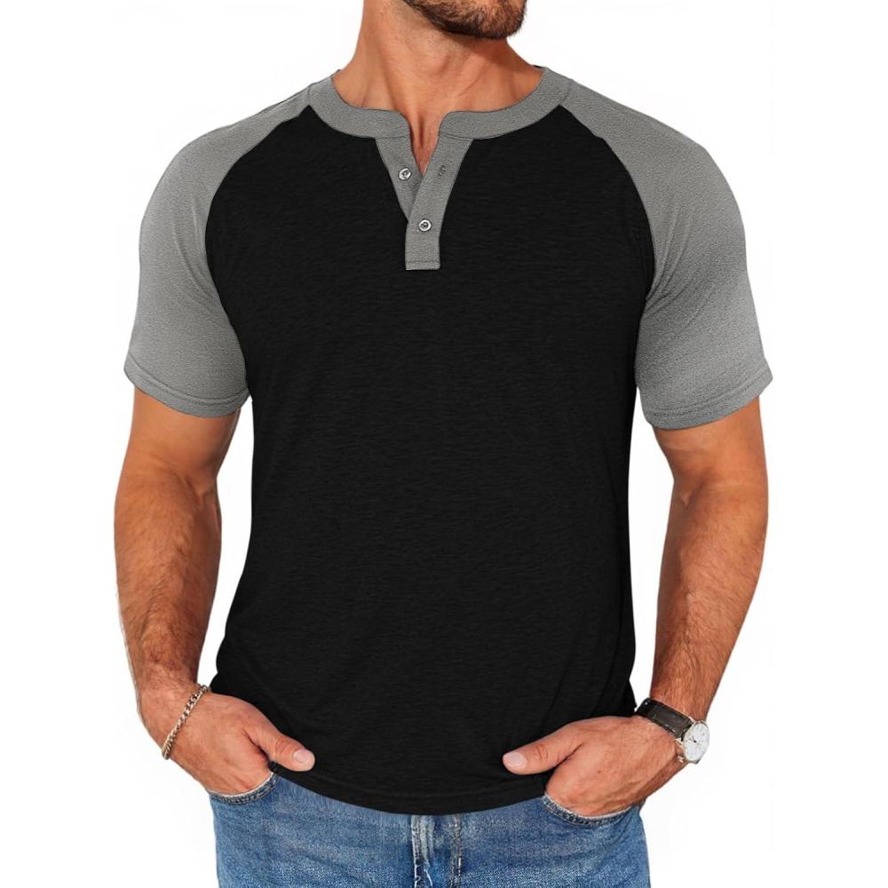 imageRuncati Mens Henley Shirts Raglan Short Sleeve Casual Baseball Tees Summer Classic Color Block Workout T ShirtsBlack