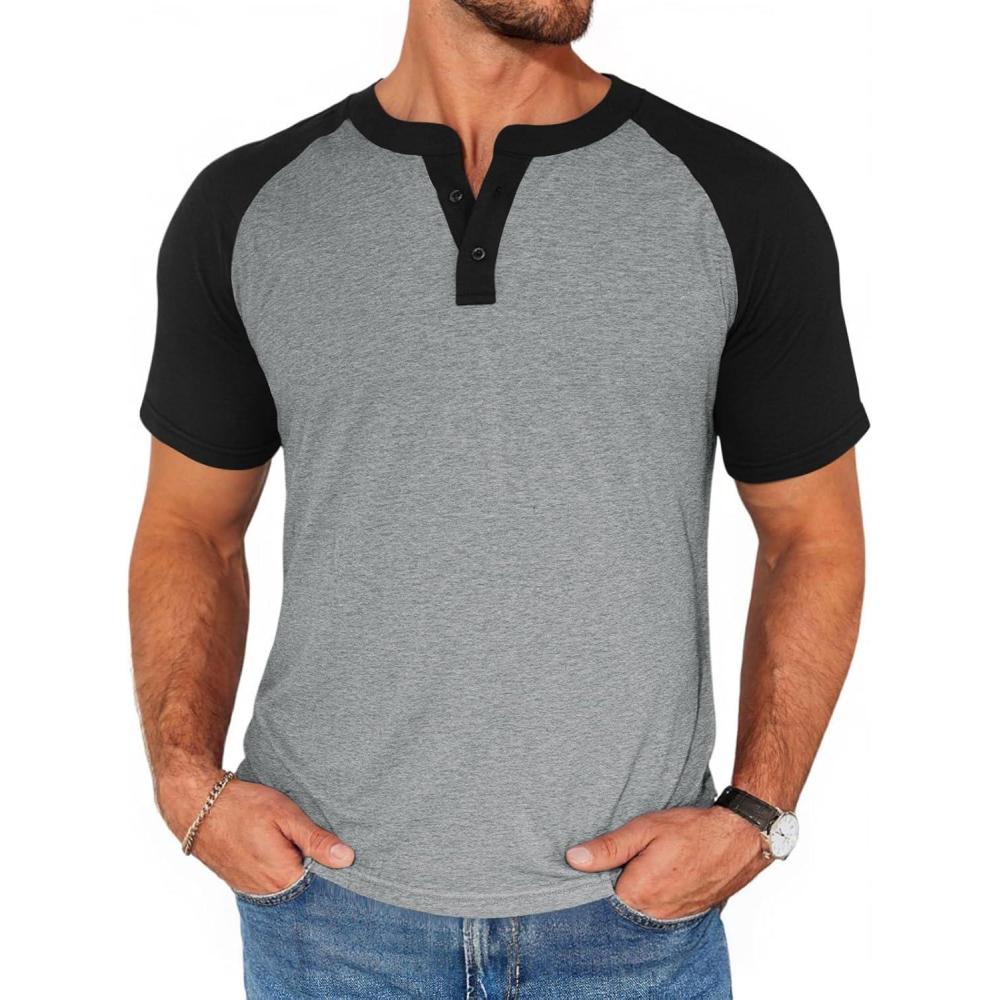 imageRuncati Mens Henley Shirts Raglan Short Sleeve Casual Baseball Tees Summer Classic Color Block Workout T ShirtsGray